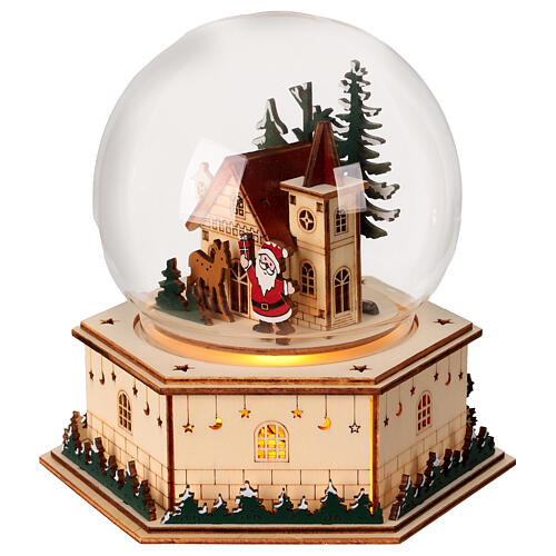Schneekugel mit Weihnachtsmann, Schneemann und Kirche – Holz, LEDs, H 17,5 cm 2