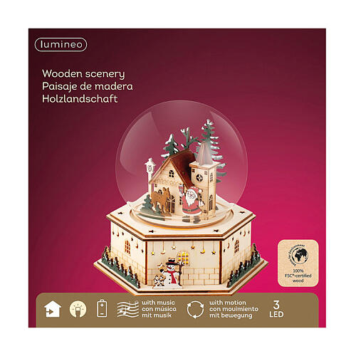 Snow globe with Santa Claus, 8x8x6 in, wood and LED lights 5