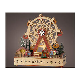 Christmas setting with big wheel, painted wood, 12x12x6 in