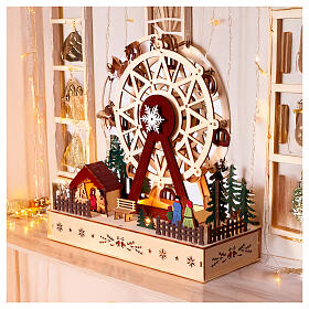 Christmas setting with big wheel, painted wood, 12x12x6 in