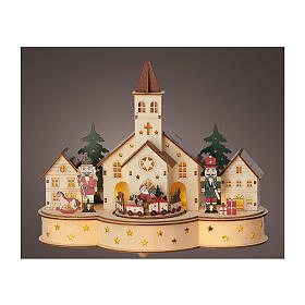 Christmas setting with church and train, painted wood with LEDs, 12x10x6 in