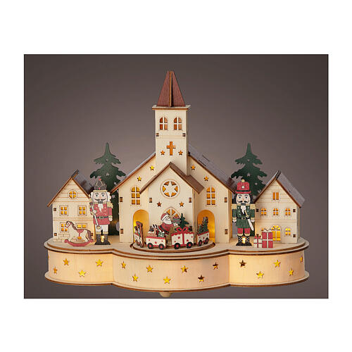 Christmas setting with church and train, painted wood with LEDs, 12x10x6 in 1