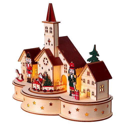 Christmas setting with church and train, painted wood with LEDs, 12x10x6 in 3