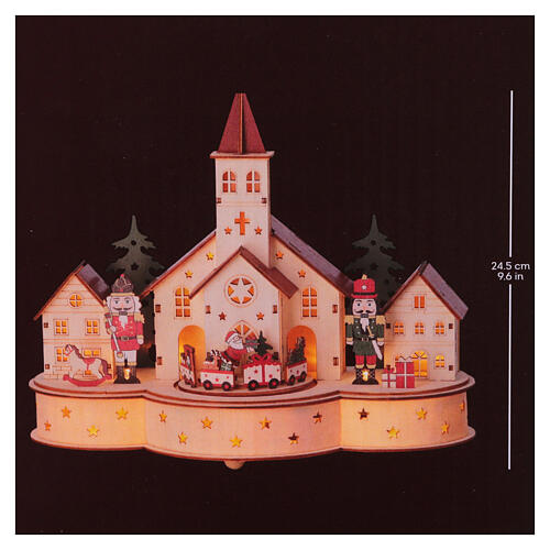 Christmas setting with church and train, painted wood with LEDs, 12x10x6 in 4