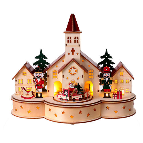 Christmas setting with church and train, painted wood with LEDs, 12x10x6 in 5