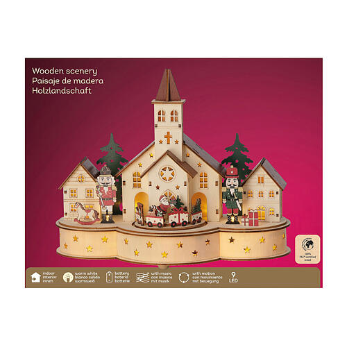 Décor église avec train 30x25x15 cm LEDs Noël bois coloré 6