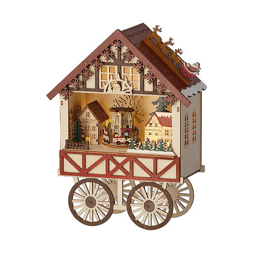 Christmas setting: wooden house on wheels with LED lights, 8x10x4 in 3