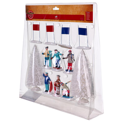 Figurines for Christmas village set, assorted skiers, h 6 in 6