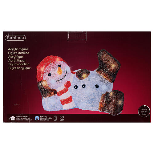 Bonhomme de neige allongé acrylique 30x20x20 cm intérieur extérieur 30 LEDs 4