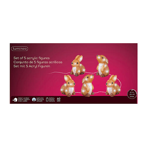 Set 5 coniglietti 60 LED interno esterno acrilico 15x10x15 cm acrilico 4