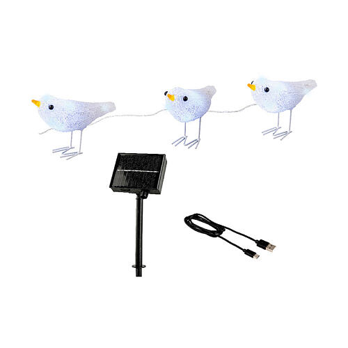 Set 3 oiseaux blancs lumière solaire 5x15x10 cm extérieur 30 LEDs 4