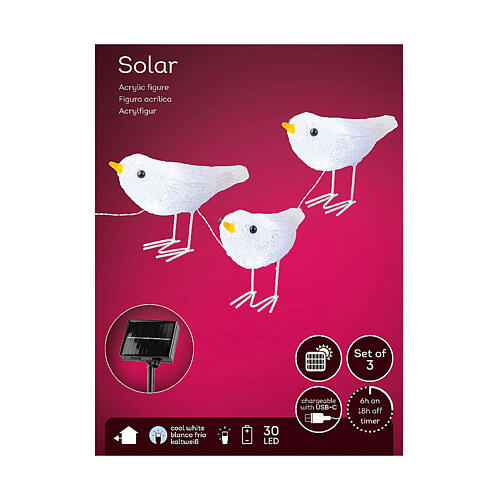 Set 3 oiseaux blancs lumière solaire 5x15x10 cm extérieur 30 LEDs 6