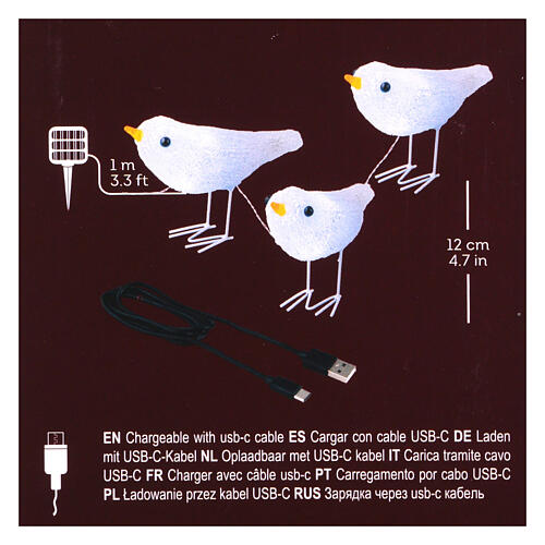 Set 3 uccellini bianchi luce solare 5x15x10 cm esterno 30 LED 5