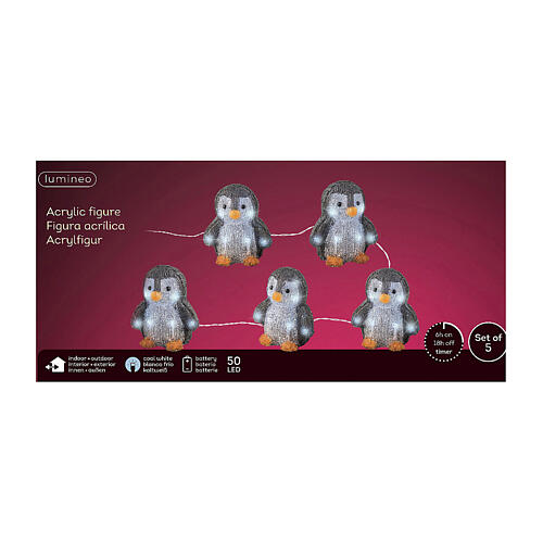 Set of 5 lighted penguins, 4x4x6 in, 50 LEDs, acrylic indoor/outdoor decorations 6