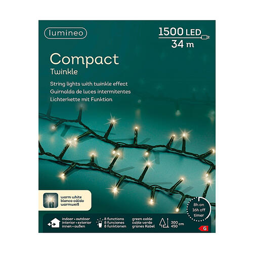 Green string lights with 1500 warm white LEDs, 112 ft, indoor/outdoor 8