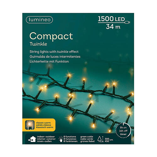 Corrente luminosa branca quente 34 m 1500 LEDs interior exterior verde 7