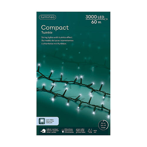 String lights of 3000 cold white LEDs, 197 ft, green wire, indoor/outdoor 6