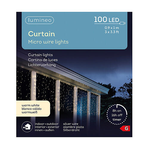 Tenda luminosa 100 LED 100x90 cm bianco caldo int est 3