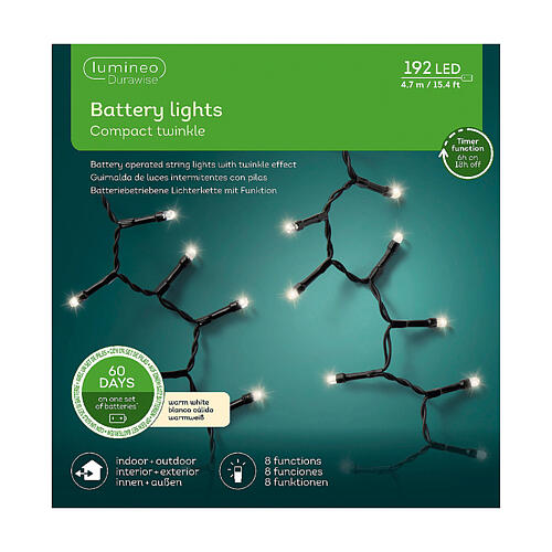 Corrente de luzes branco quente 192 LEDs interior/exterior 4,7 m de longa duração 5