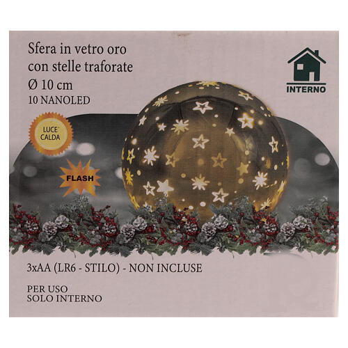 Esfera vidro estrelas transparentes sobre fundo dourado 10 cm 3