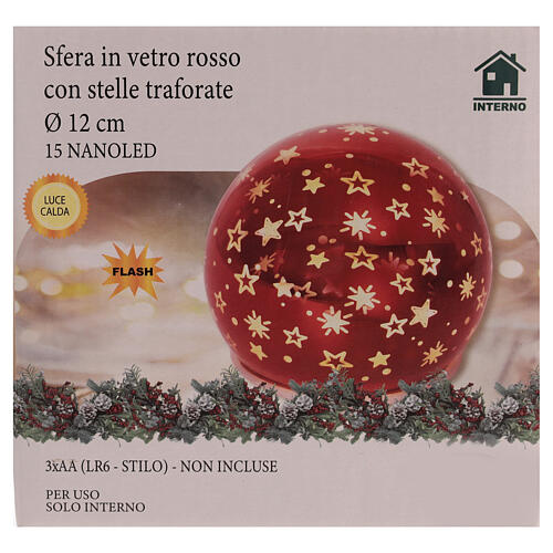 Glaskugel mit LED-Licht, rot, mit stilisierten Sternen – 12 cm 3