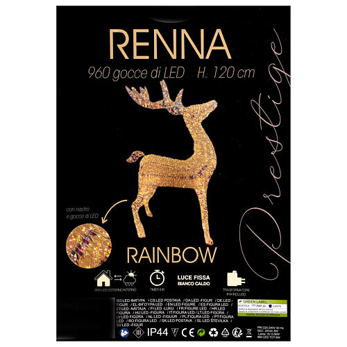 Renne 3D Père Noël Rainbow LEDs blanc chaud 70x20x120 cm 4