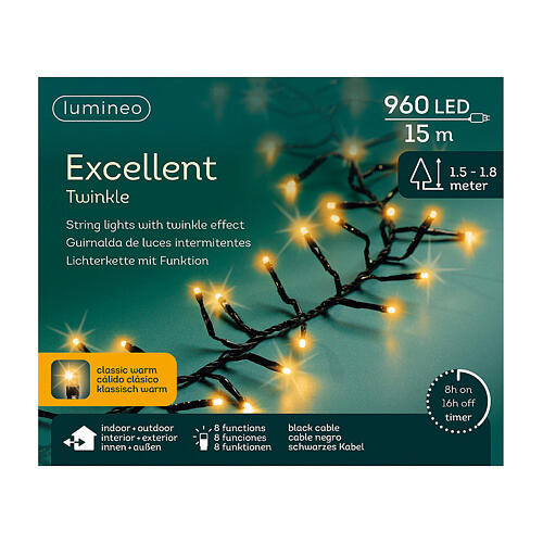 Corrente luminosa amarela 960 LEDs Excellent Twinkle 15 m árvores 150-180 cm int/ext 6