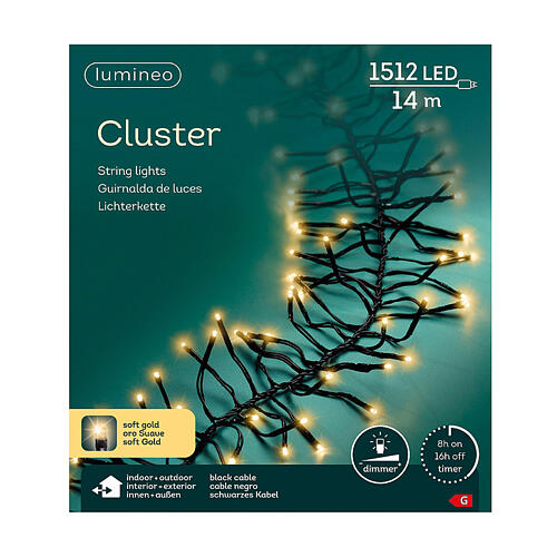 Corrente luminosa luz dourada 1512 LED aglomerados luz fixa e regulável 15 m int/ext 6