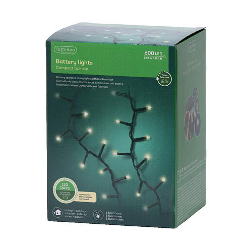 Cadena luminosa blanco cálido 600 LED pilas Durawise 15,9 m int ext 4