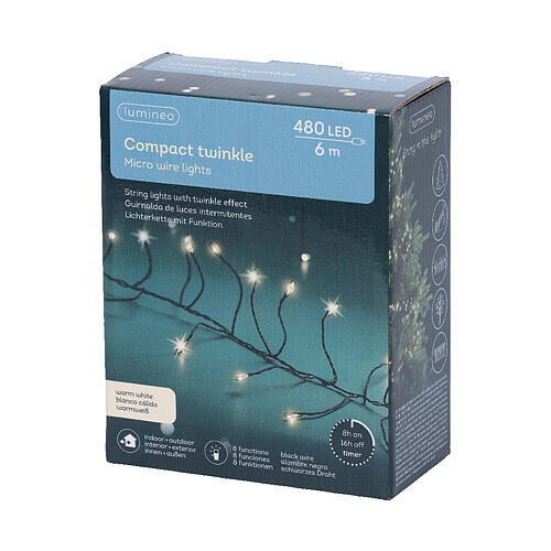 Compact twinkle light chain with 480 cold white micro LEDs, 20 ft, indoor/outdoor 10