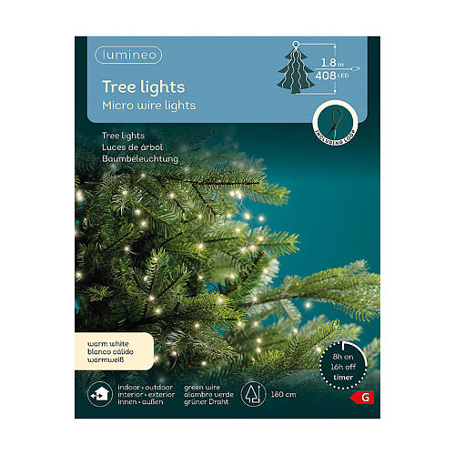 Cascata luminosa 408 microled filo verde albero Natale 180 cm bianco caldo int est 7