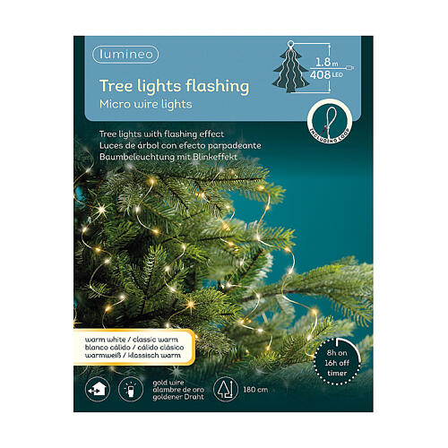 Cascade lumineuse 408 microLEDs fil doré clignotant pour sapins 180 cm doré et blanc chaud 7