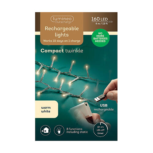 Cadena luminosa blanco cálido 160 LED Duracharge cable blanco USB 4 m int ext 2