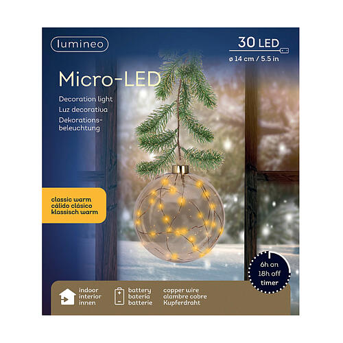Esfera com ramo de árvore 30 micro LEDs dourados fixos para uso interno 15 cm 6