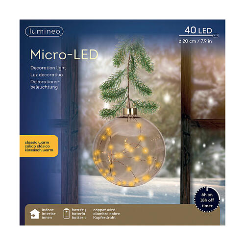 Esfera con rama de árbol 40 micro LED dorados fijos uso interior 20 cm 5