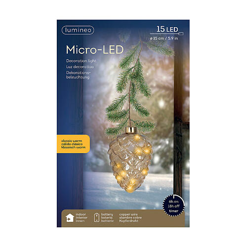 Pigna con ramo d'albero 15 micro LED dorati fissi uso interno 15 cm 6