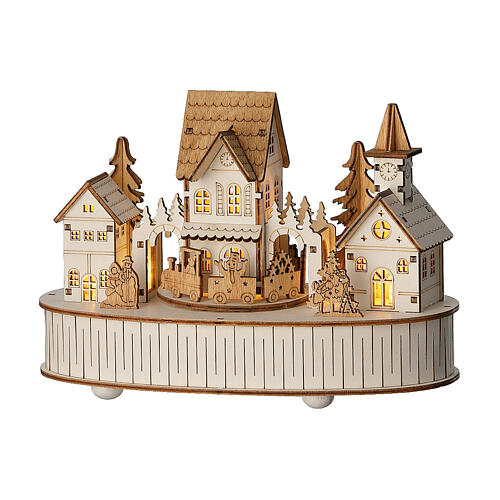 Animated musical village, 100% FSC wood, warm white LED lights, 5x9x6 in 3