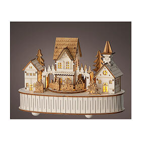 Carillón aldea movimiento madera FSC 100% LED blancos cálidos 12x22x15 cm
