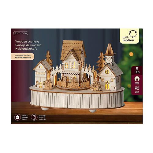 Caixa de música cenário natalino animado de madeira 100% FSC luzes LED brancas quentes 12x22x15 cm 4