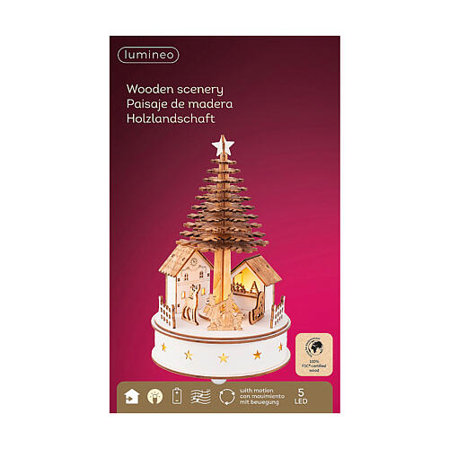 Boîte à musique sapin de Noël en bois  100% FSC mouvement LEDs blancs chauds 25 cm 5