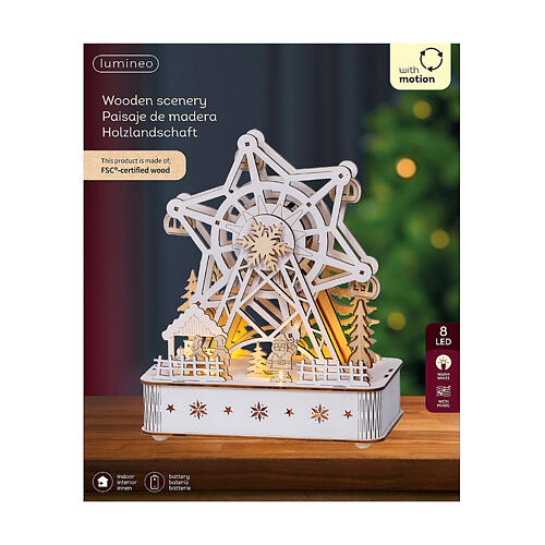 Boîte à musique manège flocon de neige en bois 100% FSC mouvement LEDs blancs chauds 25 cm 2