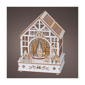 Carillón casa Papá Noel madera movimiento FSC 100% LED blancos cálidos 24 cm