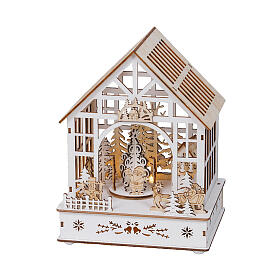 Carillón casa Papá Noel madera movimiento FSC 100% LED blancos cálidos 24 cm