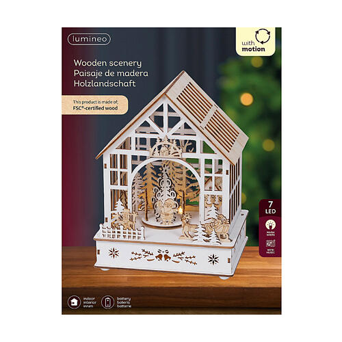 Carrossel casa Pai Natal madeira 100% FSC movimento LEDs brancos quentes 24 cm 3