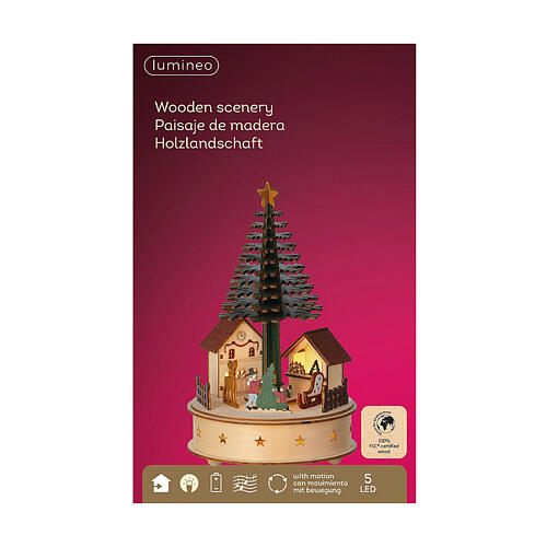 Christmas tree music box, colourful 100% FSC wood, motion and warm white LEDs, 10 in 4
