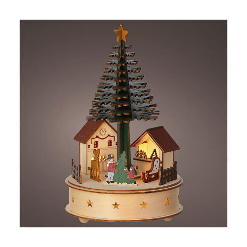 Christmas Tree Music Box Colored Wood FSC 100% Movement Warm White LEDs 25 cm 1