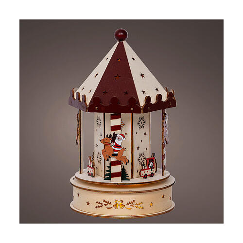 Christmas carousel music box, colourful 100% FSC wood, motion and warm white LEDs, 10 in 1