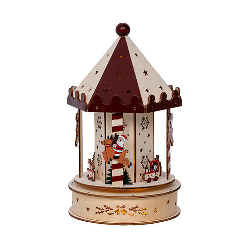 Christmas carousel music box, colourful 100% FSC wood, motion and warm white LEDs, 10 in 3