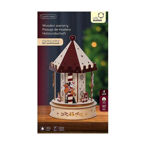 Christmas carousel music box, colourful 100% FSC wood, motion and warm white LEDs, 10 in 4