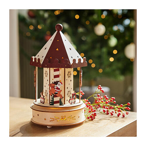 Christmas Carousel Music Box Colored Wood FSC 100% Movement Warm White LEDs 25 cm 2